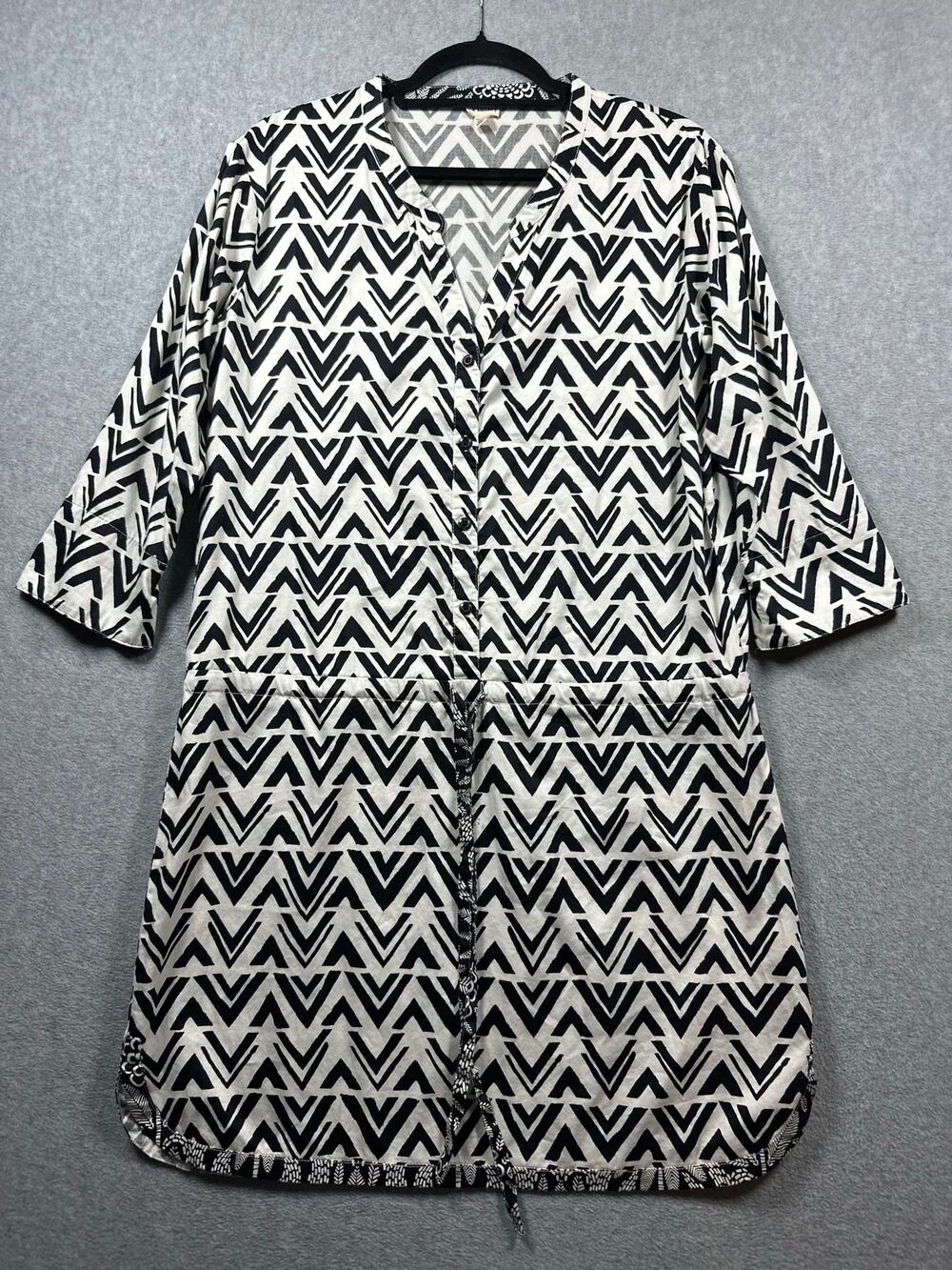 Hatley Tunic Dress Women's Medium Black White Geometric Zig Zag Drawstring Waist